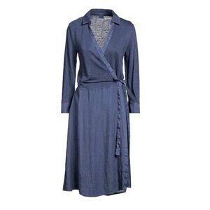 NWT 120% LINO Linen long sleeve Midi Wrap Dress, navy blue, US size L